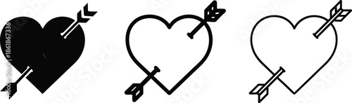 Collection of heart icons pierced by cupid's arrow
