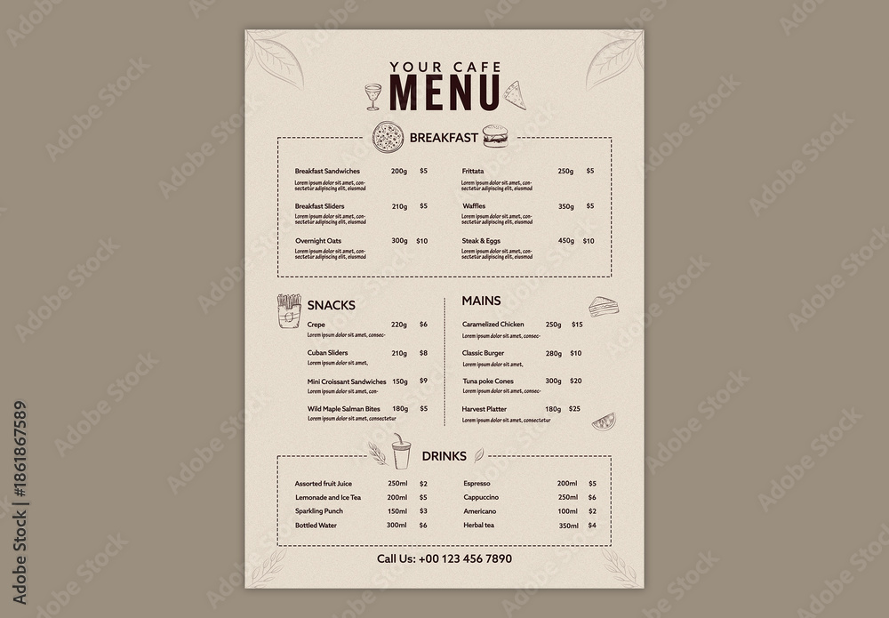 Editable Restaurant Food and Drinks Menu Template with Text Placeholder ...