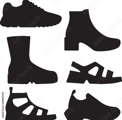 Set of shoe silhouettes, black and white vector illustration of various footwear, isolated collection for fashion, clothing, and retail concepts