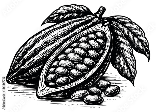 Engraved style line art illustration of cocoa pods depicting a whole and an open pod with beans and leaves for food and beverage design