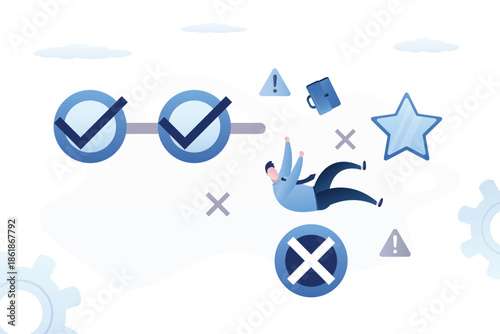 Falling businessman fall, task incomplete. Loser guy. Concept of business or entrepreneurship failure, defeat or fiasco, career crisis, fail at work