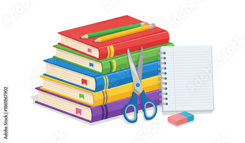 Flat stack of textbooks with school stationery vector illustration isolated on white background