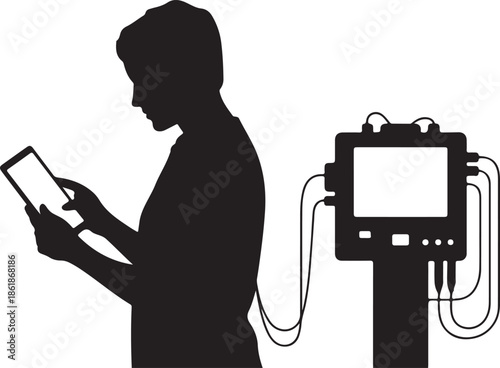 Digital logbook and home dialysis machine and setup silhouette vector art,a patient holding a tablet or smartphone, looking at the screen