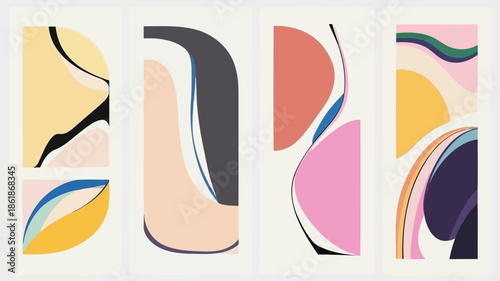 Vibrant abstract art pieces with colorful curved shapes and lines