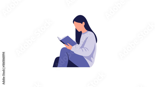 A young woman sitting and reading a book in a relaxed environment from a side viewpoint