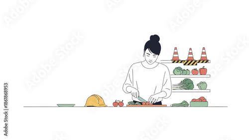 Woman preparing a healthy meal in a modern kitchen with fresh vegetables and ingredients