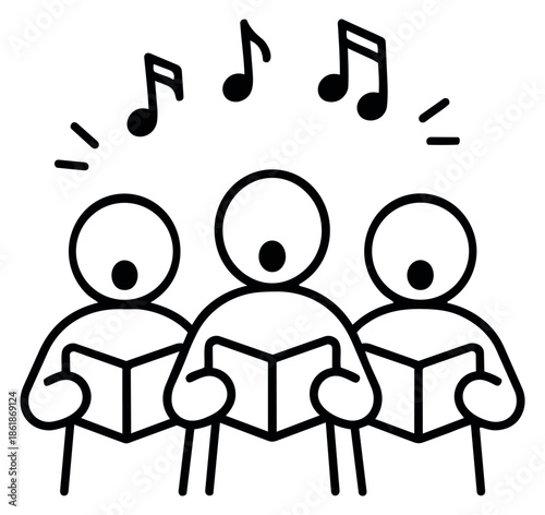 Line art illustration of a choir depicting singing from songbooks for a musical performance