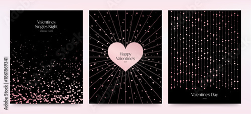 Valentines Day Flyer Poster Template in Black & Pink with Rose Gold Love Heart Vector Illustration