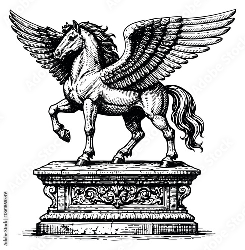 Vintage engraved style illustration of Pegasus on a pedestal depicting a mythical winged horse for classical art