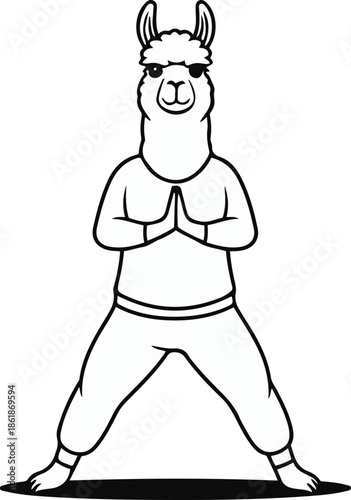 A llama as a yoga coach standing in balance pose, calm expression, flat vector illustration, simple geometric shapes, limited colors, bold outline, no gradient, no shadow, clean sticker design, white 