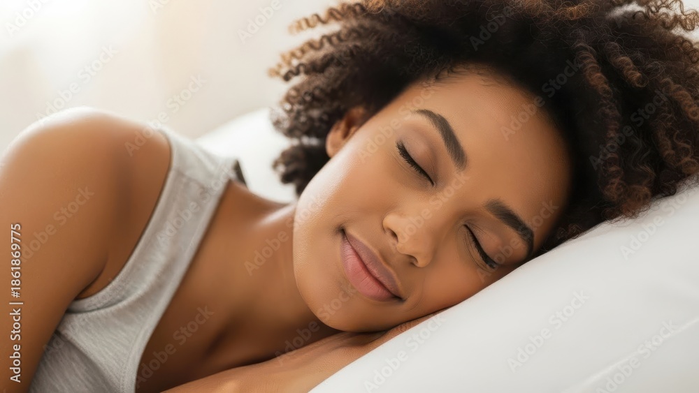 Obraz premium Woman Sleeping Peacefully On White Pillow Close Up