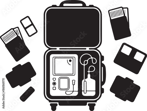 Home dialysis machine and setup silhouette vector art, a portable dialysis machine inside a rugged travel suitcase