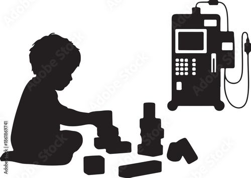 Home dialysis machine for baby and setup silhouette vector art, a small child sitting on a rug playing with building blocks, kids home care