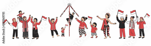 Festive group celebrating with flags and traditional attire