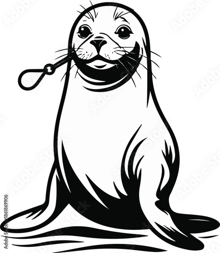 A seal as a swimming coach with whistle, friendly posture, flat vector art, smooth simple shapes, solid colors only, thick black outline, no texture, no lighting, clean edges, isolated on white backgr