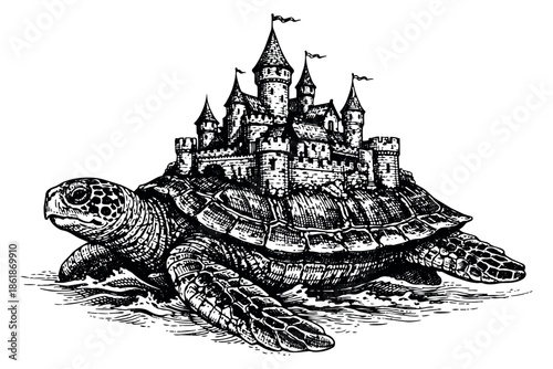 Hand drawn line art illustration of a turtle carrying a castle depicting a fantasy scene on water for mythical storytelling