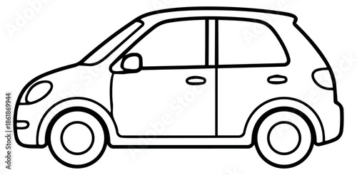 Hand drawn line art illustration of a compact car depicting a side view for automotive design