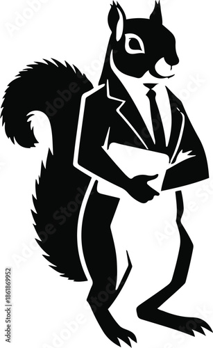A squirrel as a businessman holding a briefcase, confident posture, flat vector illustration, simple geometric shapes, limited color palette, bold outline, no gradient, no shadow, clean vector sticker