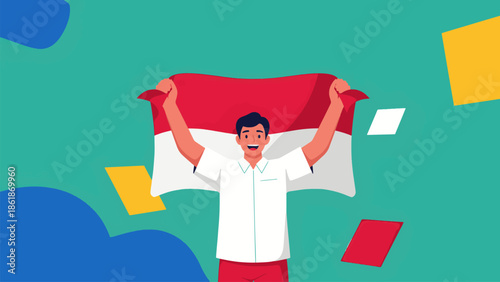 Cheerful man holding Indonesian flag in colorful abstract background