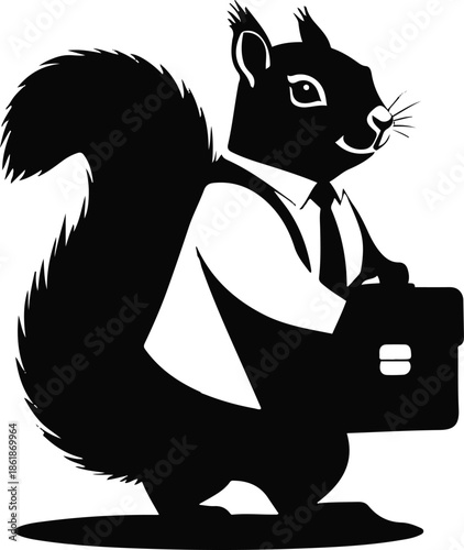 A squirrel as a businessman holding a briefcase, confident posture, flat vector illustration, simple geometric shapes, limited color palette, bold outline, no gradient, no shadow, clean vector sticker