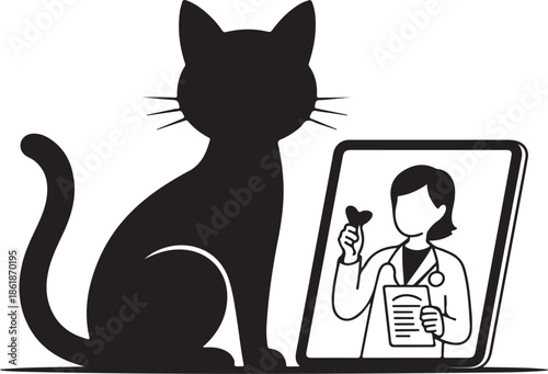 Pet telemedicine silhouette vector art, a cat sitting in front on the screen, a veterinarian is holding up a treat or a medical chart