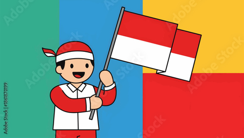 Cheerful cartoon character holding Indonesian flag with colorful background
