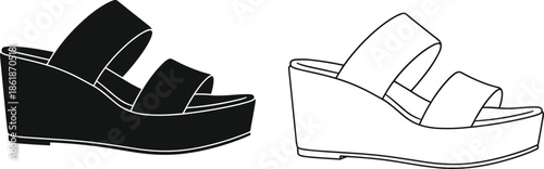 Black and white vector illustration of women's platform wedge sandals with double straps isolated on white background for fashion design