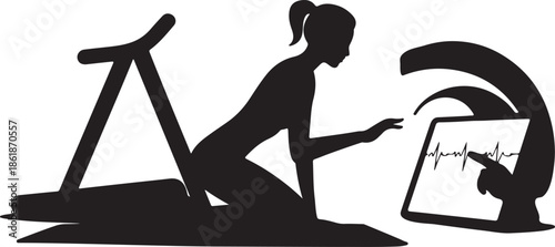 Telemedicine silhouette vector art, a black silhouette person on a yoga mat or treadmill, a doctor digital heart rate graph