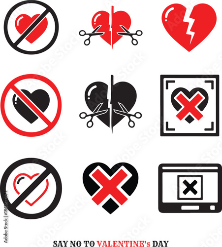 Anti Valentine Day Icons Set with Broken Heart and No Love Symbols