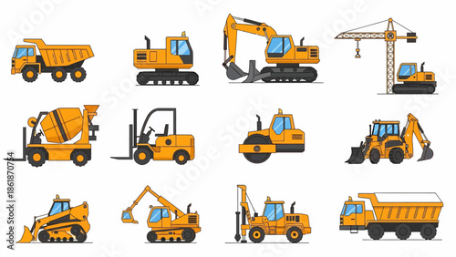 Collection of Yellow Construction Vehicles and Equipment.