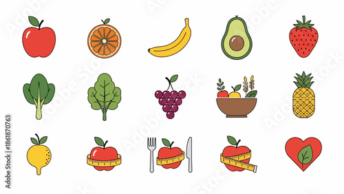 Colorful Fruits and Vegetables Illustration Set.