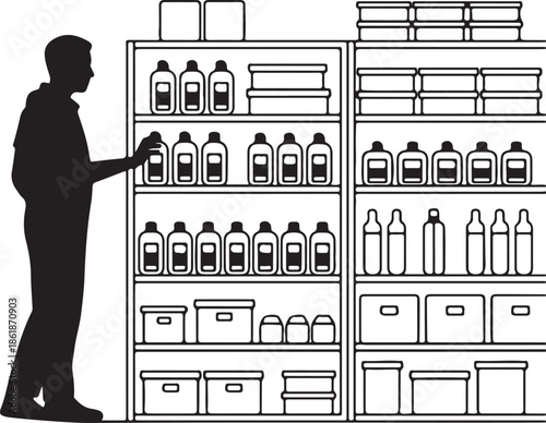 Vector silhouette art of a person standing next to a tall shelf stacked with organized dialysis solution bags and boxes