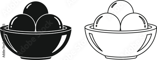 Bowl of soup balls or sweet dumplings icons in solid black and thin line styles isolated on white background
