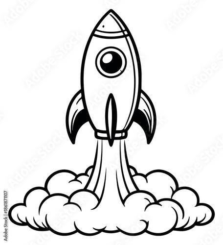 Hand drawn line art illustration of a rocket depicting blast off for business growth