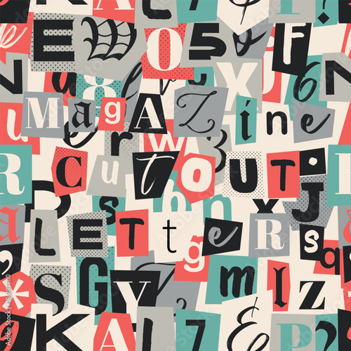 Magazine cutout letters. Criminal, blackmail, anonymous or detective font seamless pattern