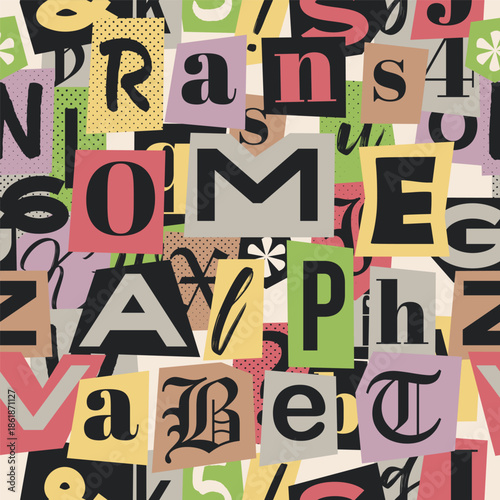 Ransome alphabet. Letters and numbers cut from newspapers seamless pattern