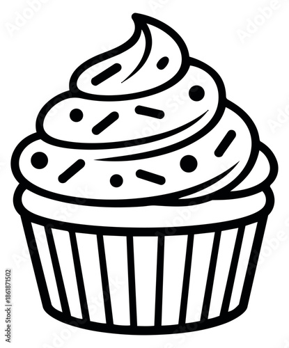 Hand drawn line art illustration of a cupcake depicting a sweet dessert with sprinkles for bakery and celebration designs