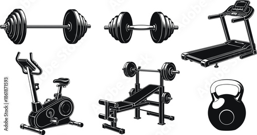 Comprehensive Vector Illustration Set of Gym Equipment Featuring Barbell Dumbbell Treadmill Stationary Bike Weight Bench and Kettlebell for Fitness Design (20 words)