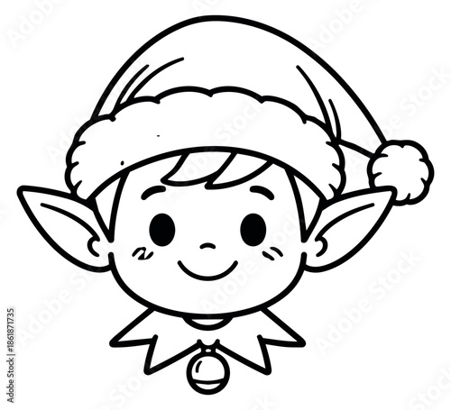 Hand drawn line art illustration of an elf head depicting a happy and smiling expression for christmas and holiday designs