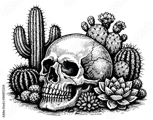 Hand drawn line art illustration of a human skull depicting a desert scene with cacti and succulents for gothic themes