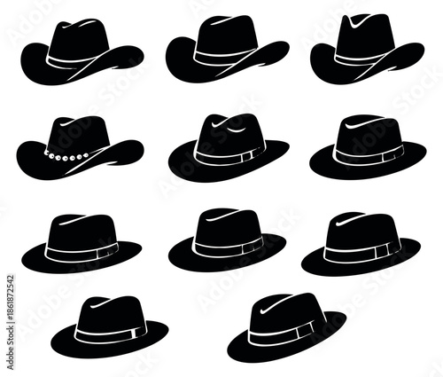Black and white line art hats set featuring various cowboy and fedora designs for fashion and costume