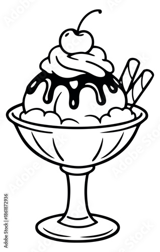 Hand drawn line art illustration of an ice cream sundae depicting whipped cream, a cherry, and wafer sticks for a sweet dessert menu