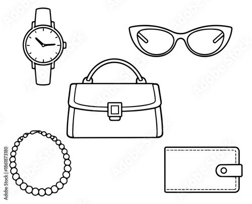 Line art women's accessories set featuring a watch, sunglasses, handbag, necklace, and wallet for fashion and lifestyle