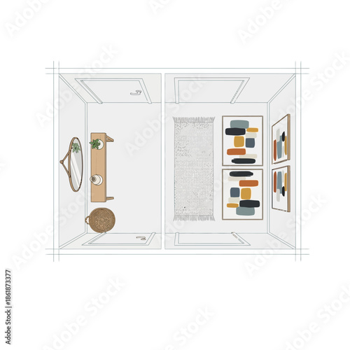 Modern Bathroom Interior with Fixtures and Storage.