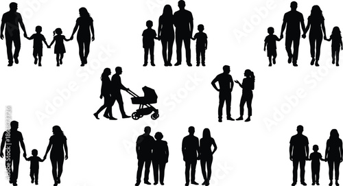 Set of black family silhouettes with parents and children walking holding hands and pushing a stroller diverse group isolated white,