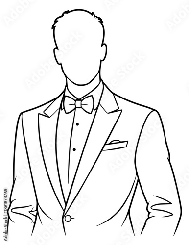 Line art illustration of a man depicting a formal tuxedo and bow tie for elegant events