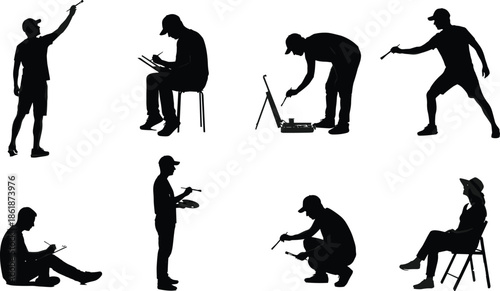 Set of black family silhouettes with parents and children walking holding hands and pushing a stroller diverse group isolated white,