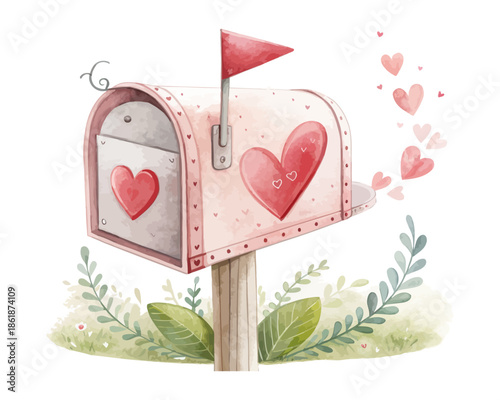 Watercolor Heart Postbox Love Mailbox Icon vector illustration isolated on white background