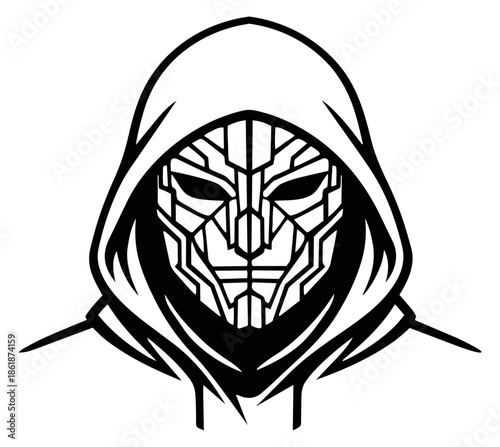 Futuristic line art illustration of a hooded figure depicting a geometric mask for technology and gaming designs