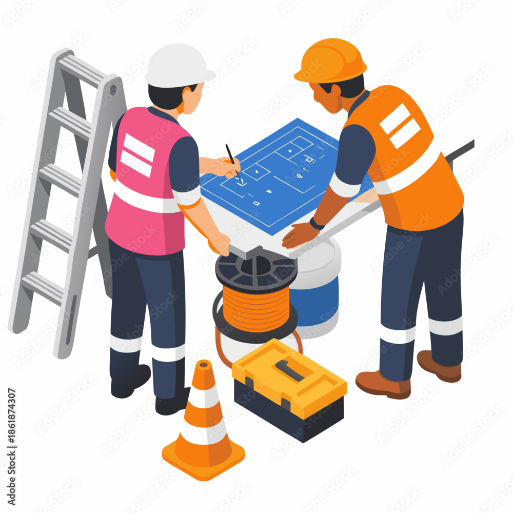 Fototapeta premium Two construction workers reviewing blueprints on site with safety gear